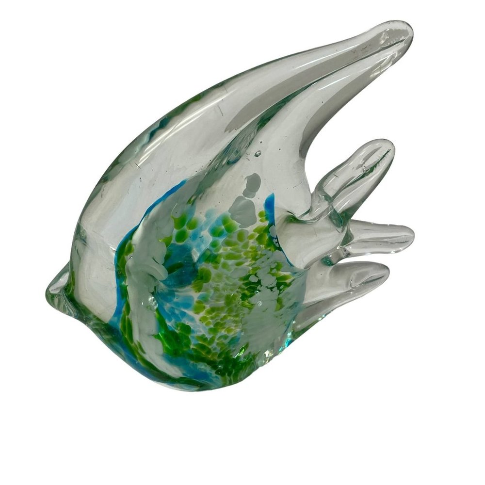 Art Glass Fish Figurine Hand Blown Blue‎ Green Speckled Tropical Nautical Decor